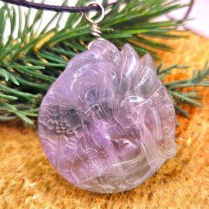 Nature Purple Fluorite Hand Carved Nine Tails Fox Pendant Necklace